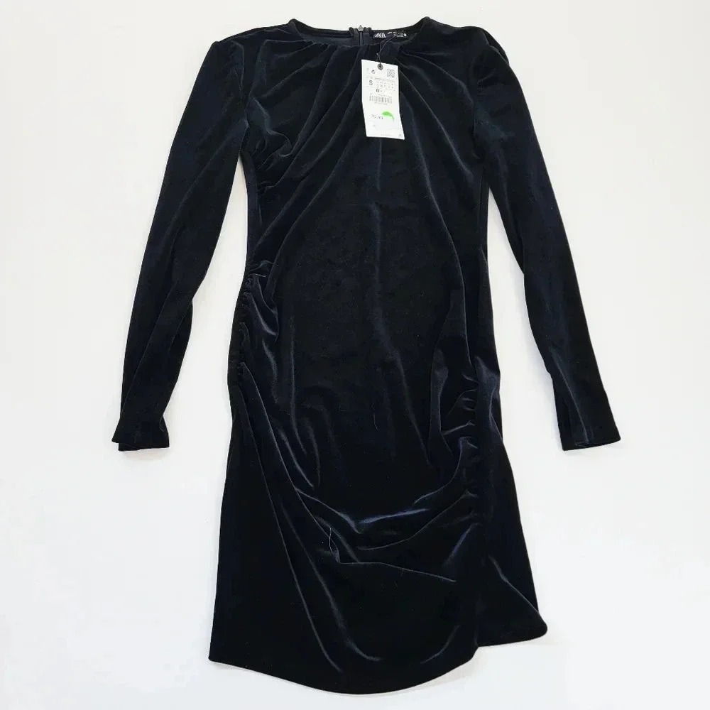 Zara Velour Ruched Midi Dress Womens Small Black NWT Asymmetrical‎ Long Sleeve